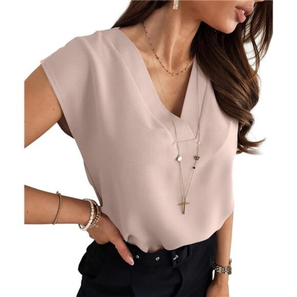 Women's Apricot‎ V Neck Chiffon Blouses Cap Sleeve Shirts Casual Loose Work Tops - Picture 1 of 4